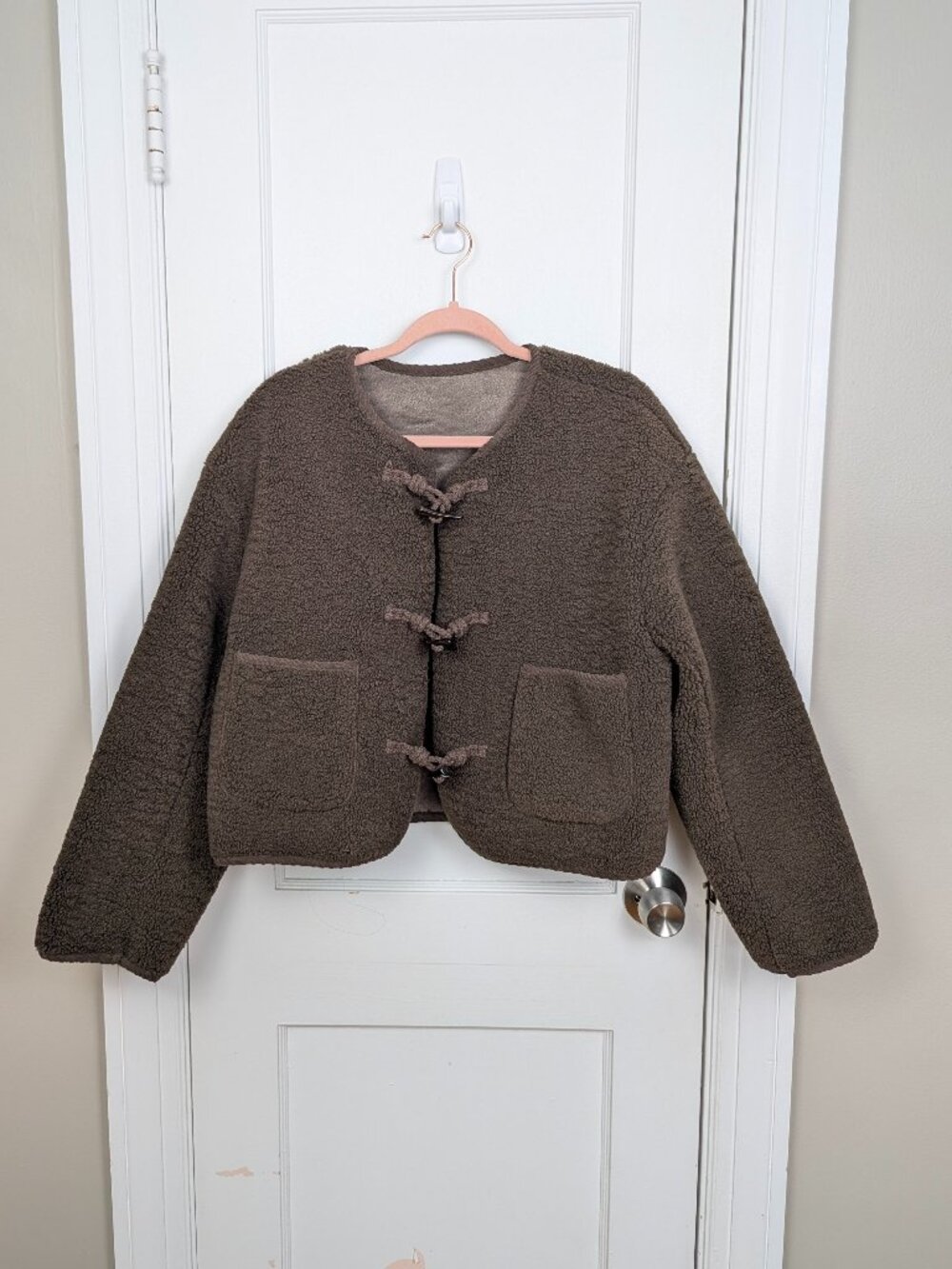Brown Teddy Sherpa Cropped Jacket with Toggle Closures